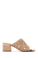 Women's Beige Knitted Short Thick Heeled Slippers | Derimod