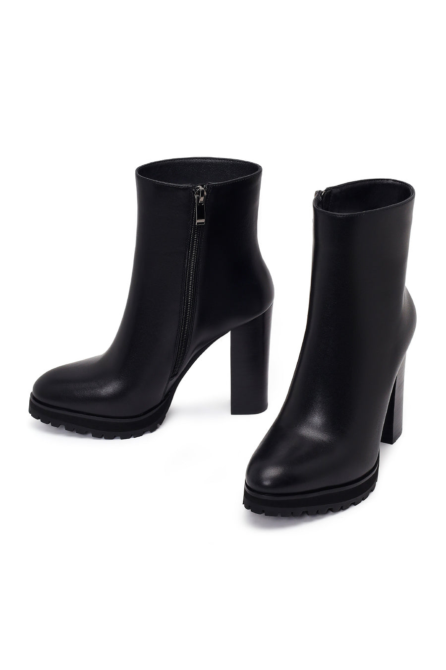 Woman Black Zip Closure High Thick-Heeled Leather Boots