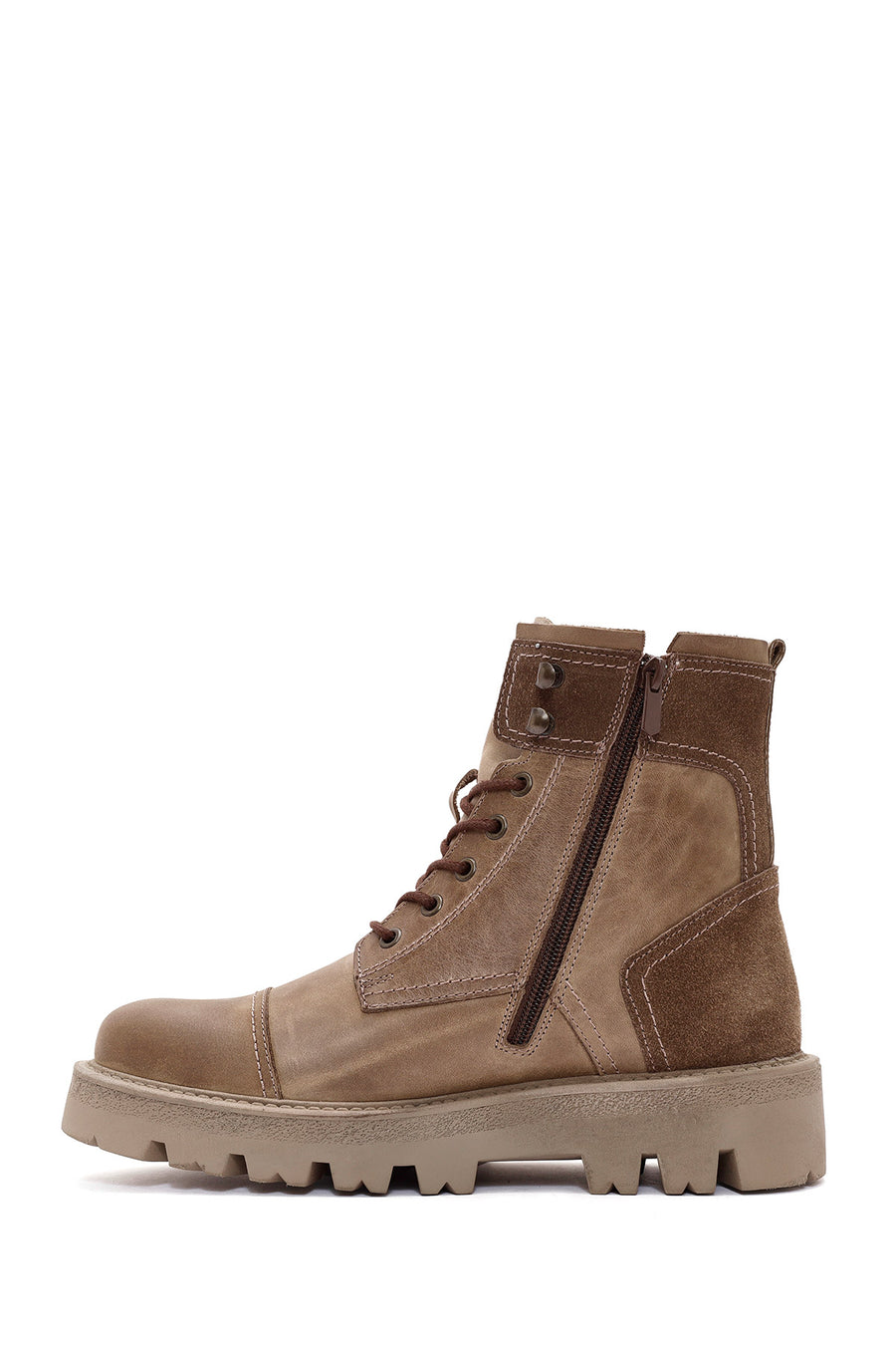 Men's Green Lace-Up Zipper Detailed Leather Casual Boots
