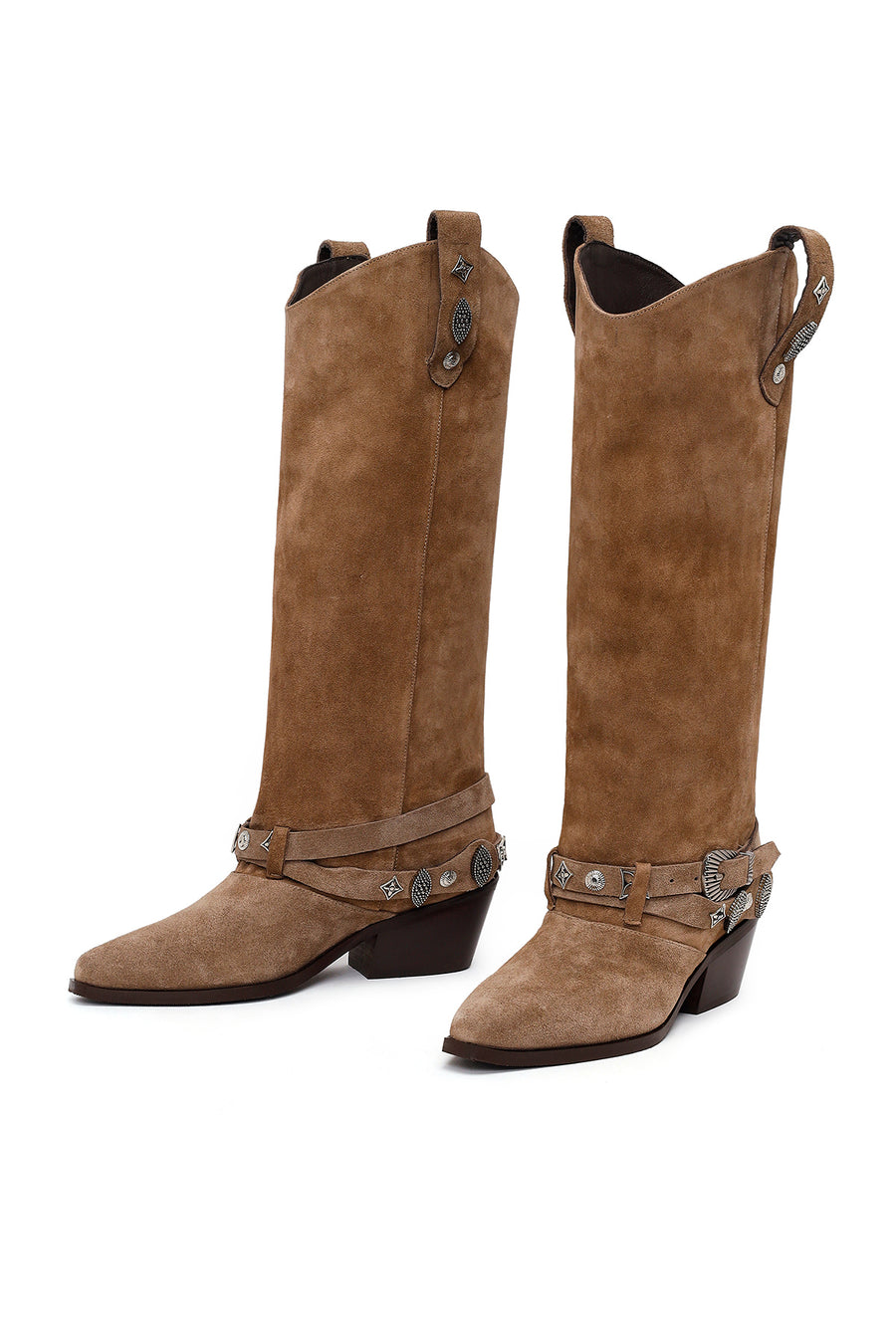 Woman Beige Thick-Heeled Suede Cowboy Boots