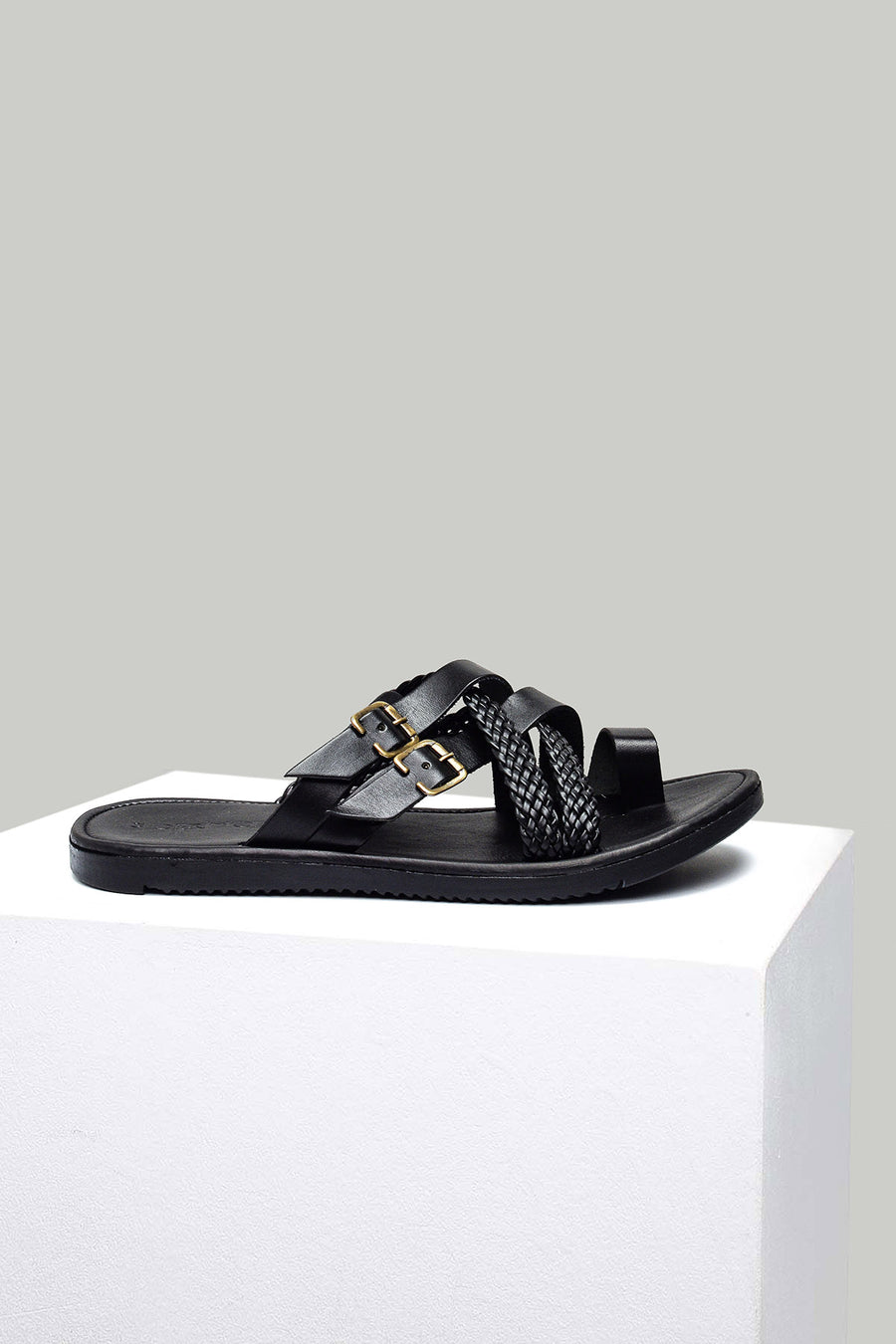 Black Men's Leather Sandals with Mesh Detail