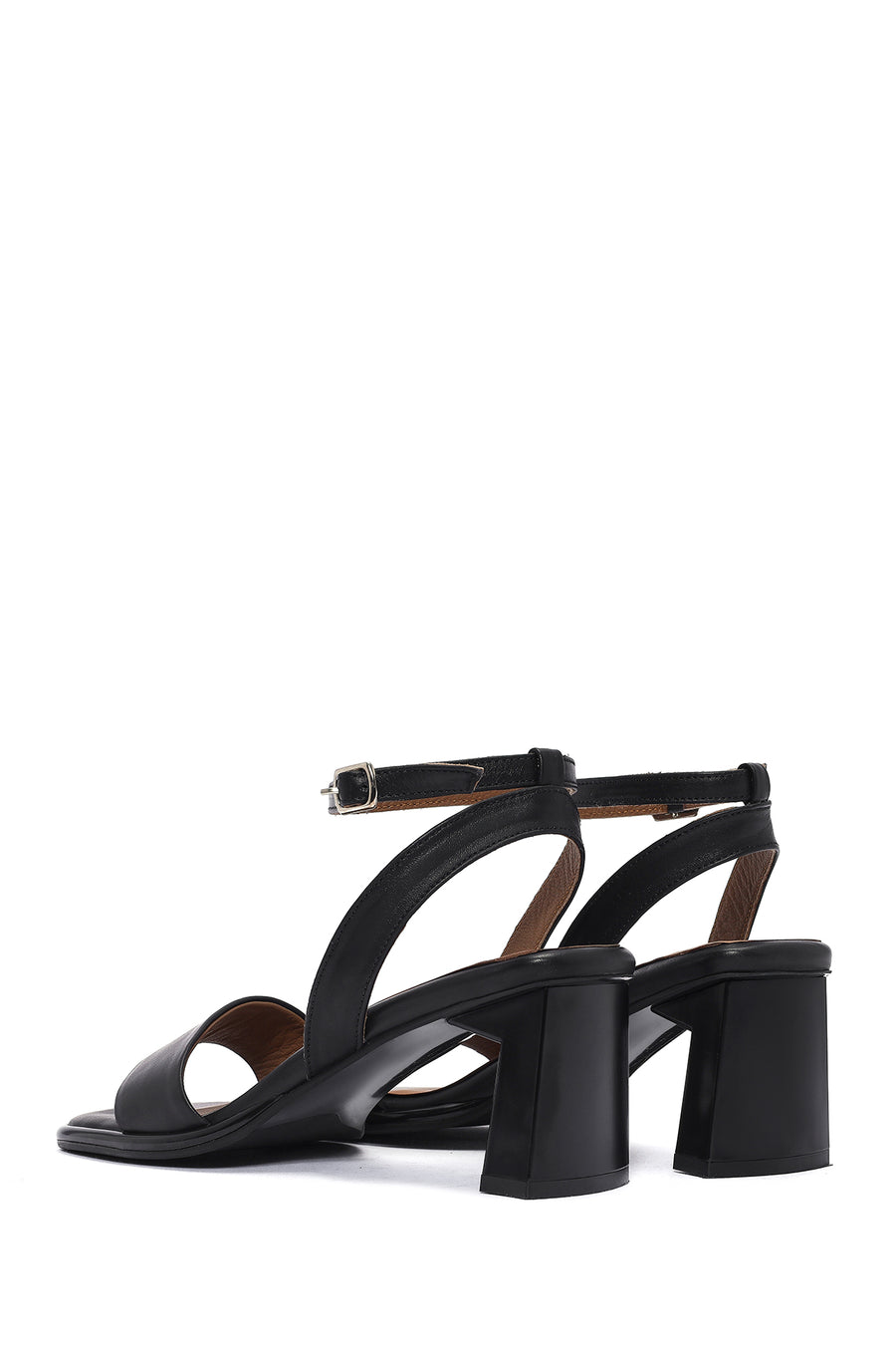 Women's Black Ankle Buckle Thick Heel Leather Sandals