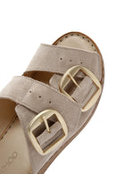 Women's Beige Buckle Suede Leather Comfort Slippers | Derimod