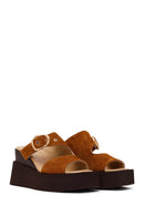 Woman Tan Buckled Wedge Heel Suede Slipper | Derimod