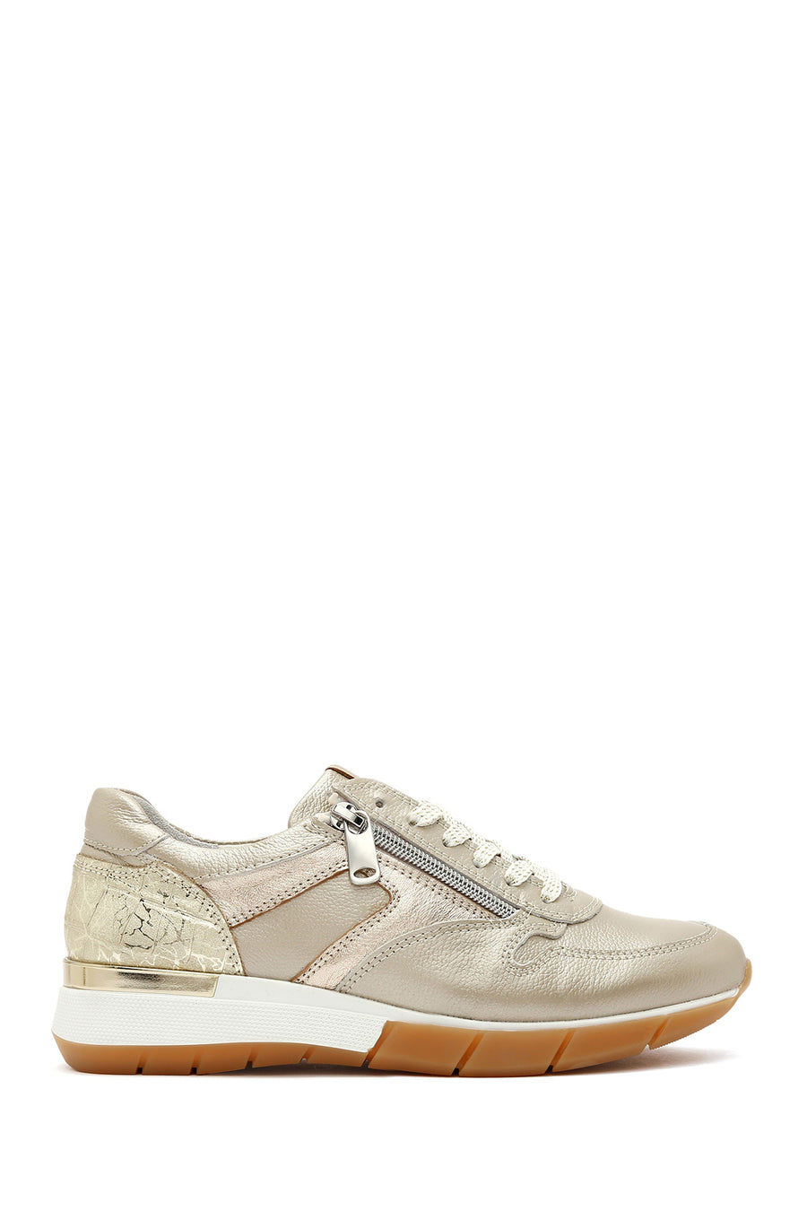 Kadın Altın Bağcıklı Yandan Fermuarlı Deri Sneaker 25SFD370514 | Derimod