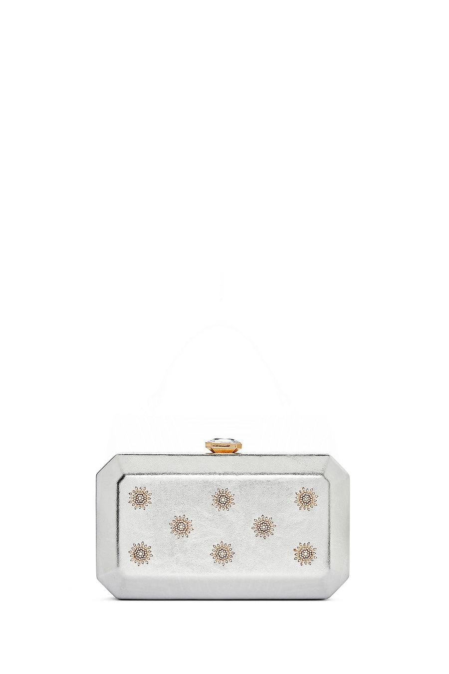 Women's Silver Long Chain Strap Stone Metallic Mini Evening Box Bag