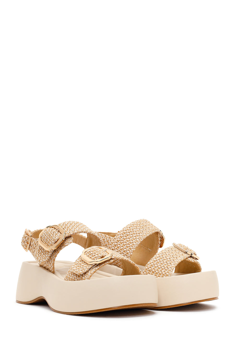 Women's Beige Double Buckle Thick-Soled Braided Sandals
