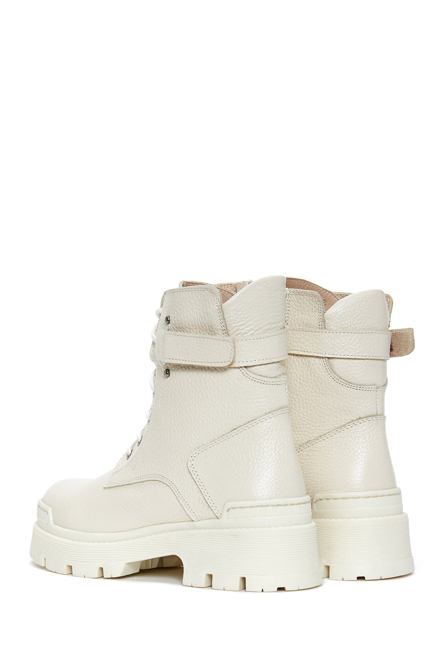 Women's Beige Lace-Up Zippered Leather Combat Boots