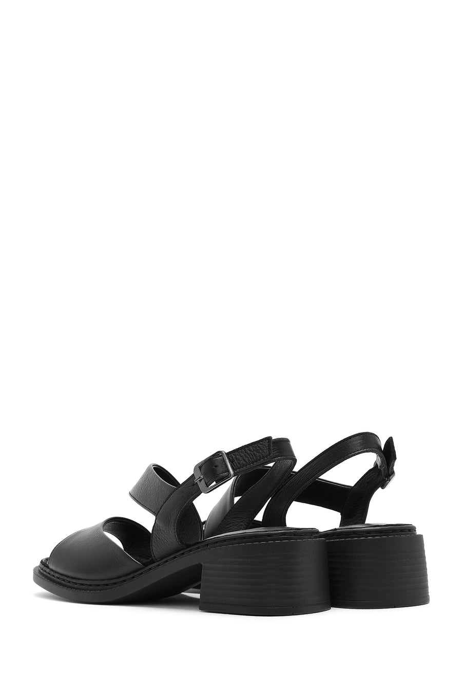Women's Black Ankle Buckle Low Heel Leather Sandals