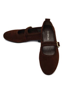 Women's Brown Buckled Suede Leather Ballet Flat | Derimod
