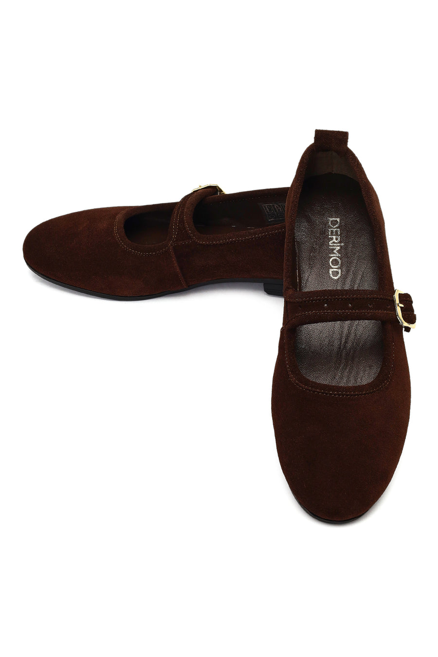 Women's Brown Buckled Suede Leather Ballet Flat