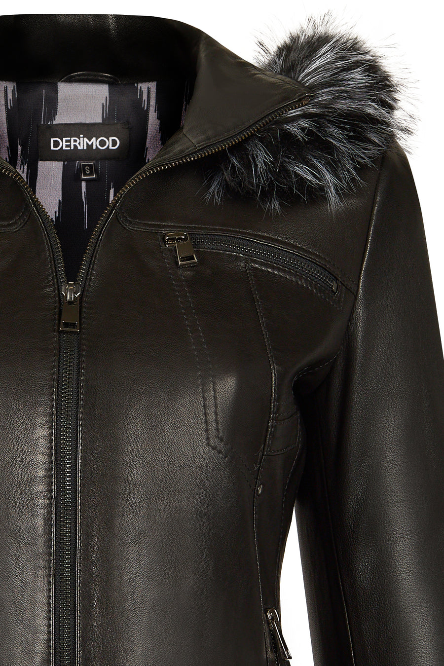 Audrey Woman Black Hooded Fur Leather Coats
