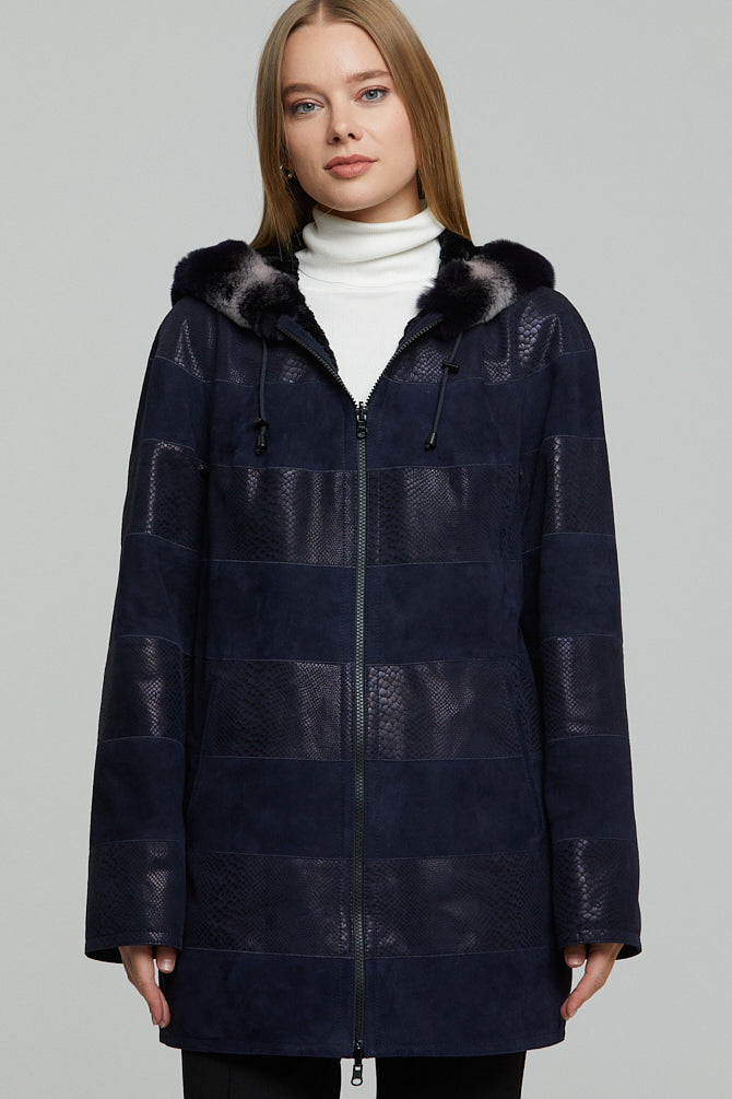 Dalia Women's Navy Blue Hooded Leather Coat