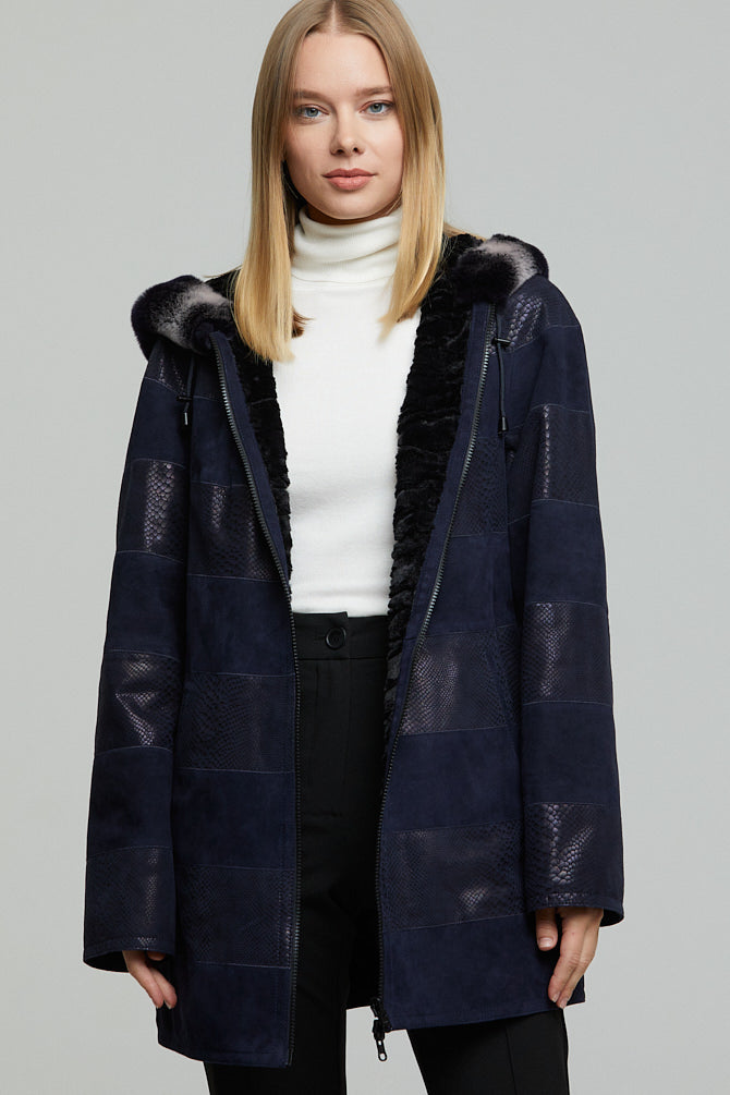 Dalia Women's Navy Blue Hooded Leather Coat