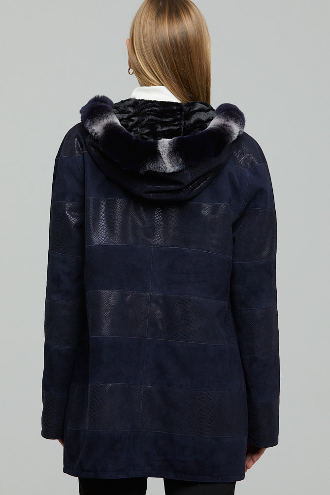 Dalia Women's Navy Blue Hooded Leather Coat