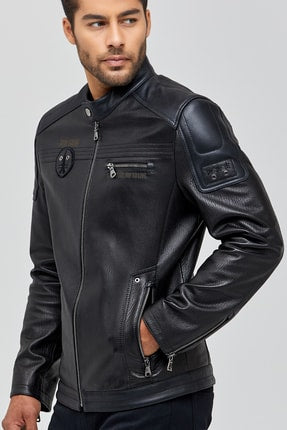 Kawhi Erkek Siyah Slim-Fit Armalı Deri Mont