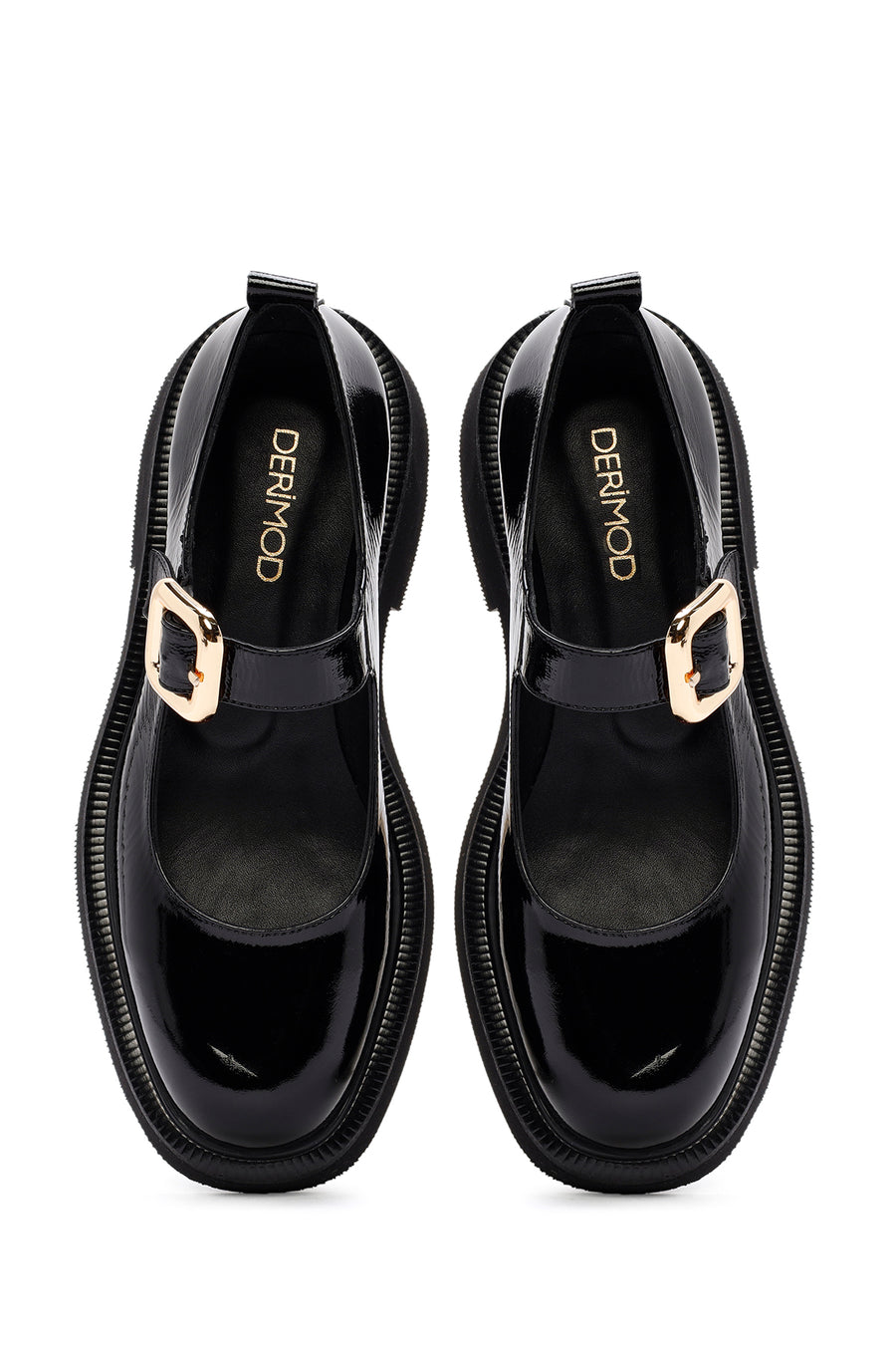 Women's Black Striped Patent Leather Ballerinas
