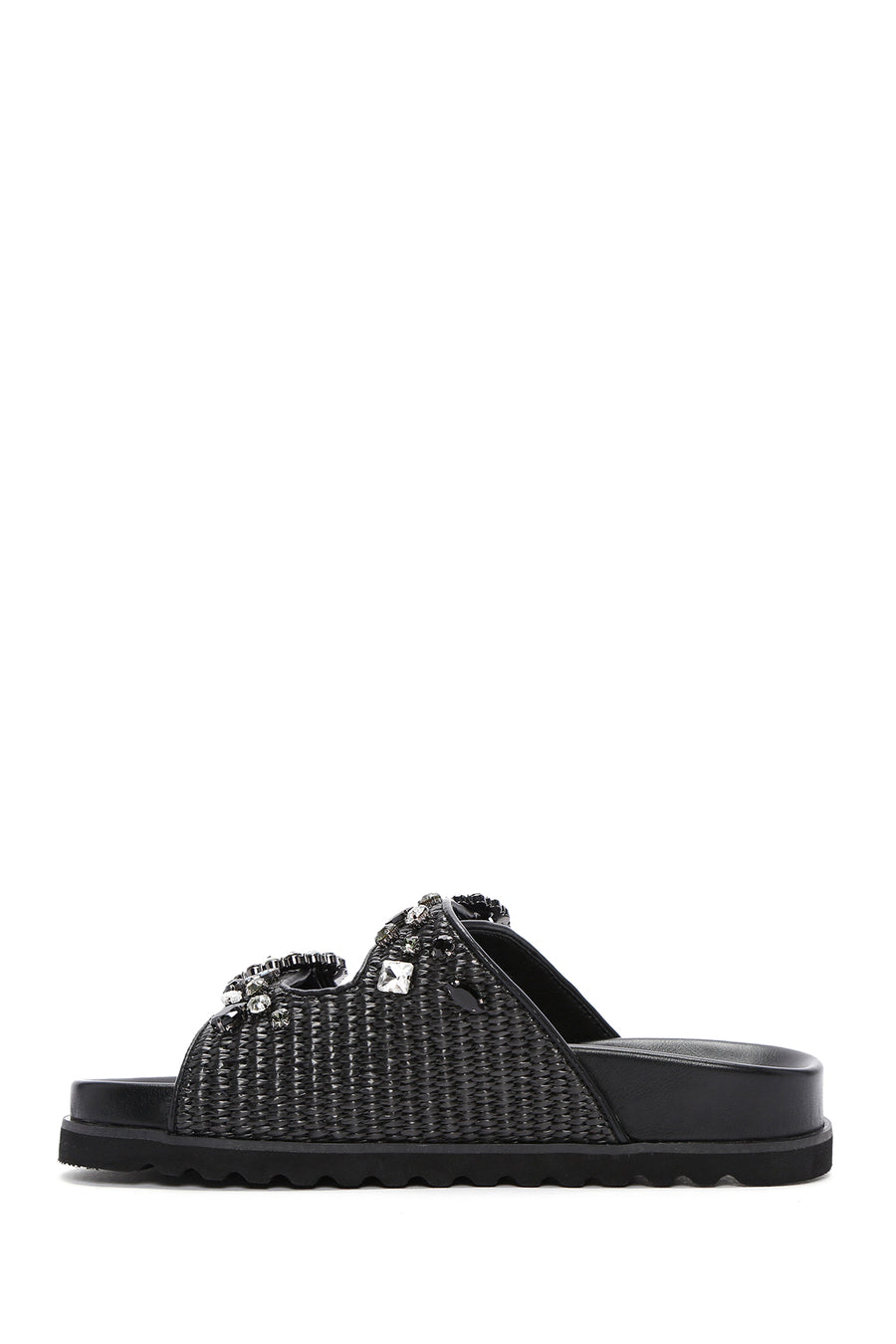Women's Black Straw Stone Slippers