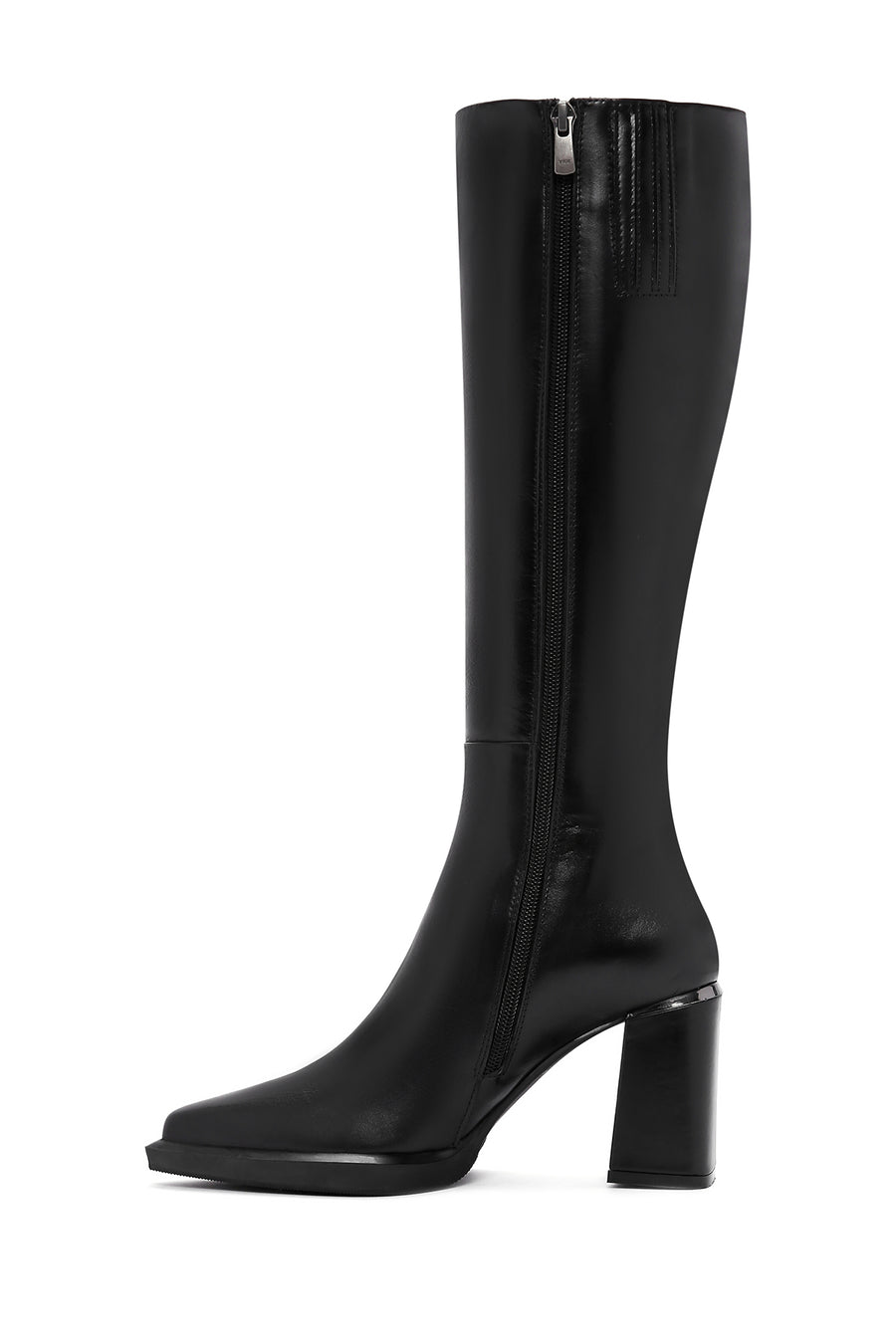 Women's Black Zippered Thick Heel Leather Boots