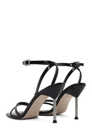 Women's Black Ankle Buckle Stoned Thin Heel Patent Leather Sandals | Derimod