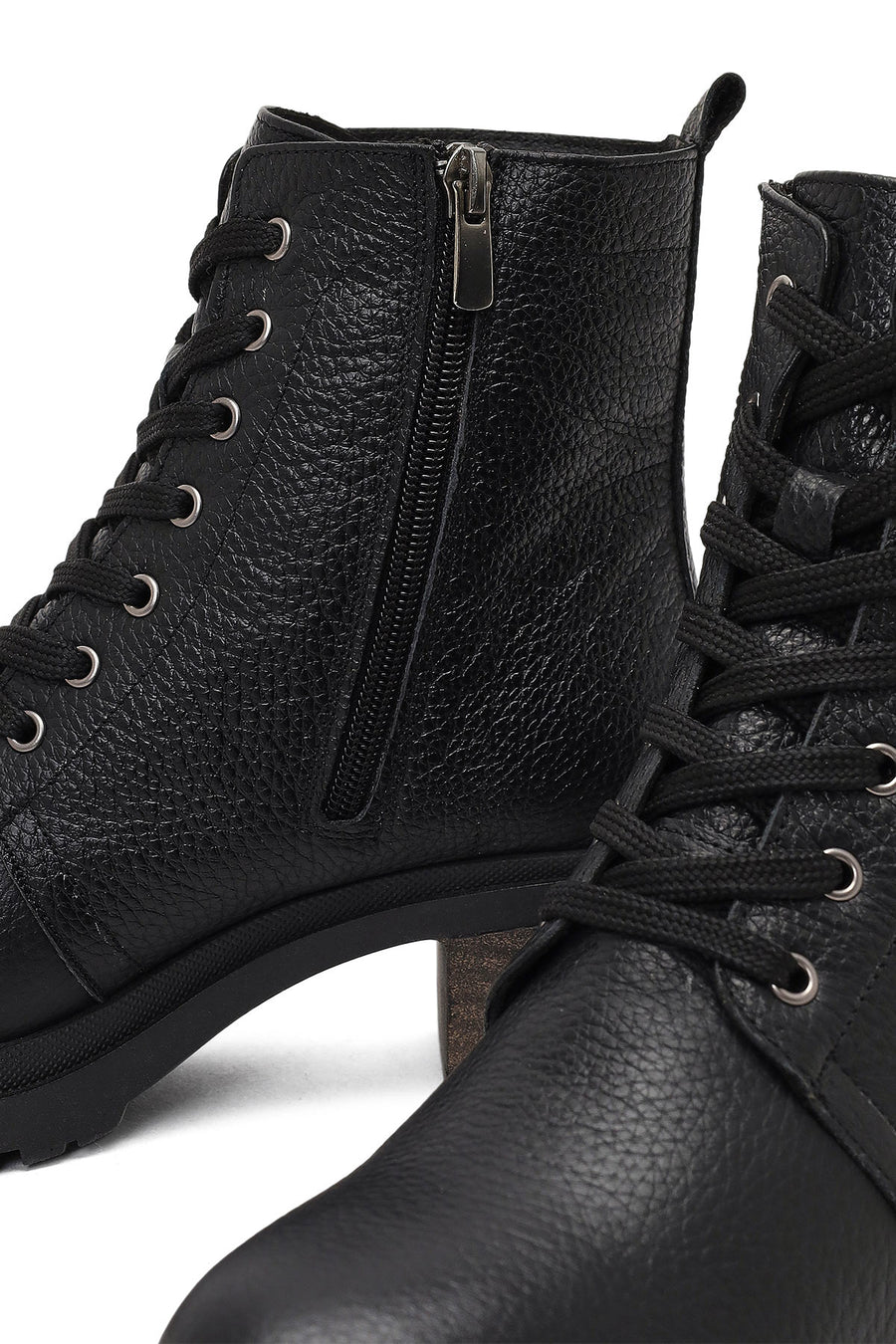 Women's Black Zippered Thick Heeled Leather Combat Boots