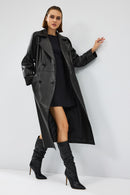 Nicole Women's Black Double Breasted Long Leather Trench Coat | Derimod