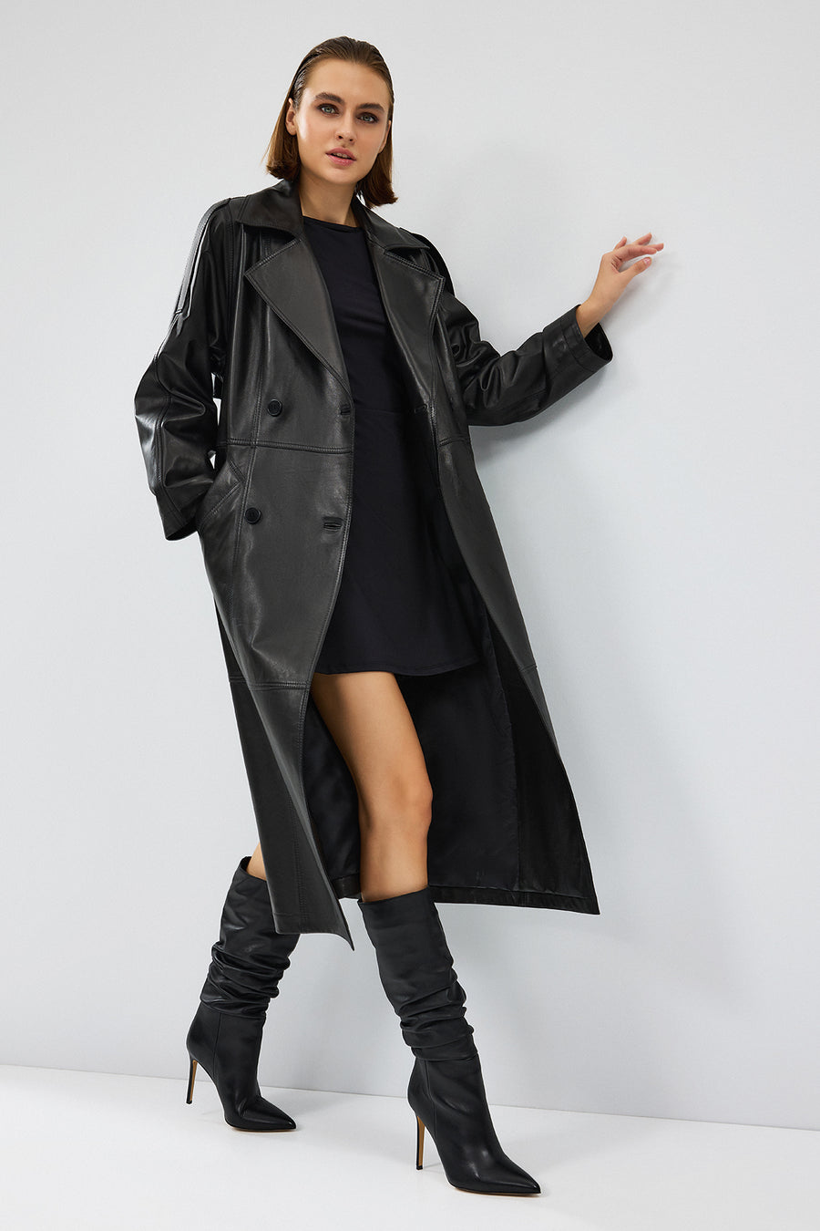Nicole Women's Black Double Breasted Long Leather Trench Coat