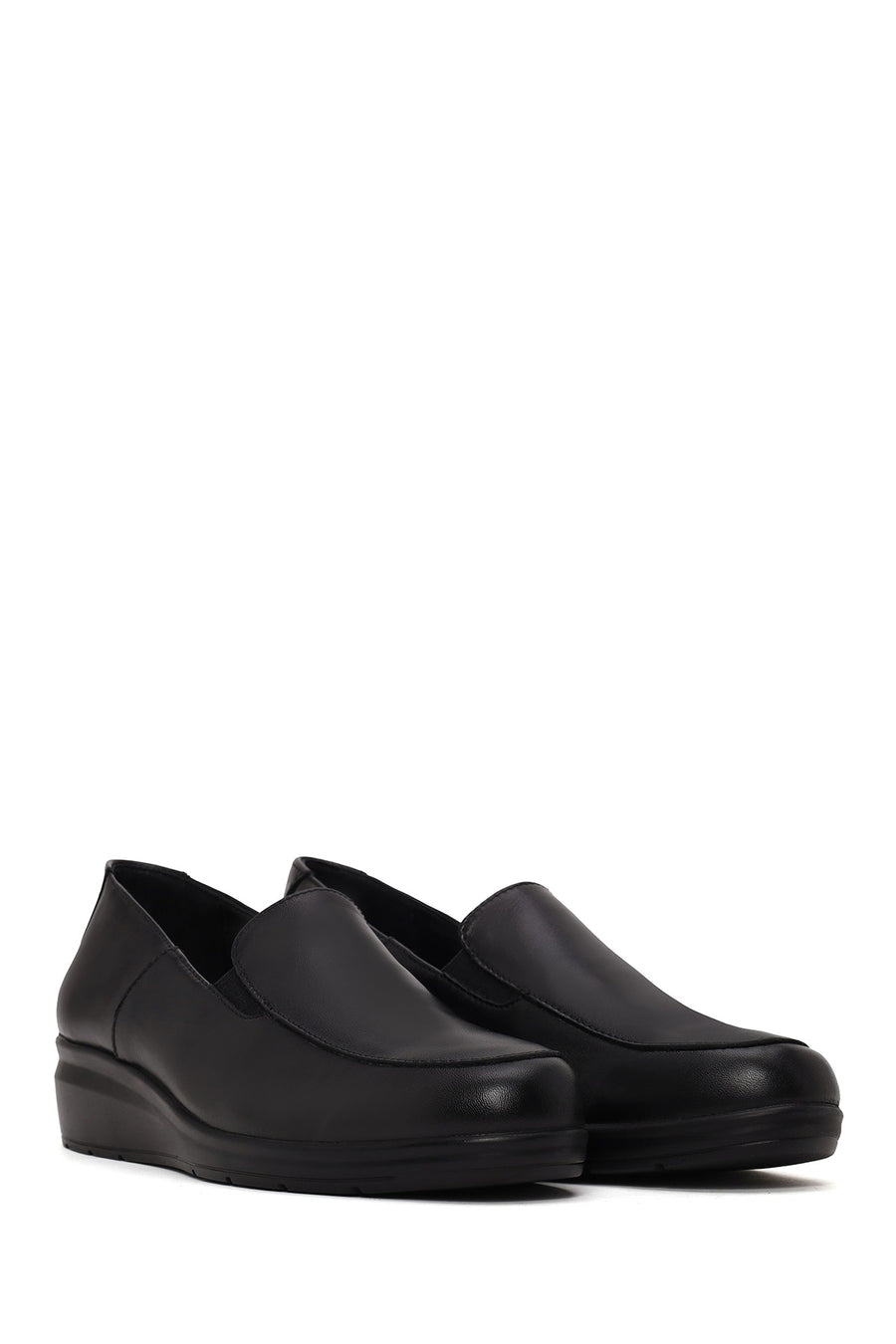 Woman Black Short Wedge-Heel Leather Comfort Shoes
