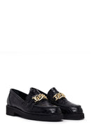 Women's Black Crocodile Patterned Chain Detailed Leather Masculine Loafer | Derimod