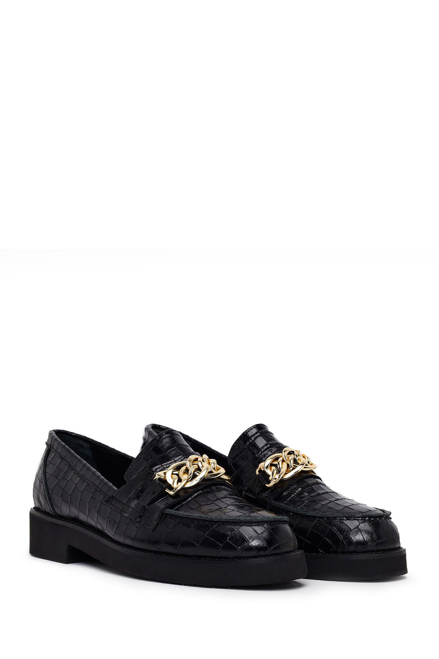 Women's Black Crocodile Patterned Chain Detailed Leather Masculine Loafer