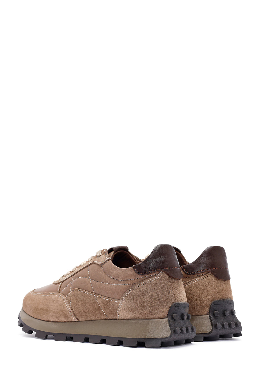 Erkek Vizon Bağcıklı Deri Sneaker