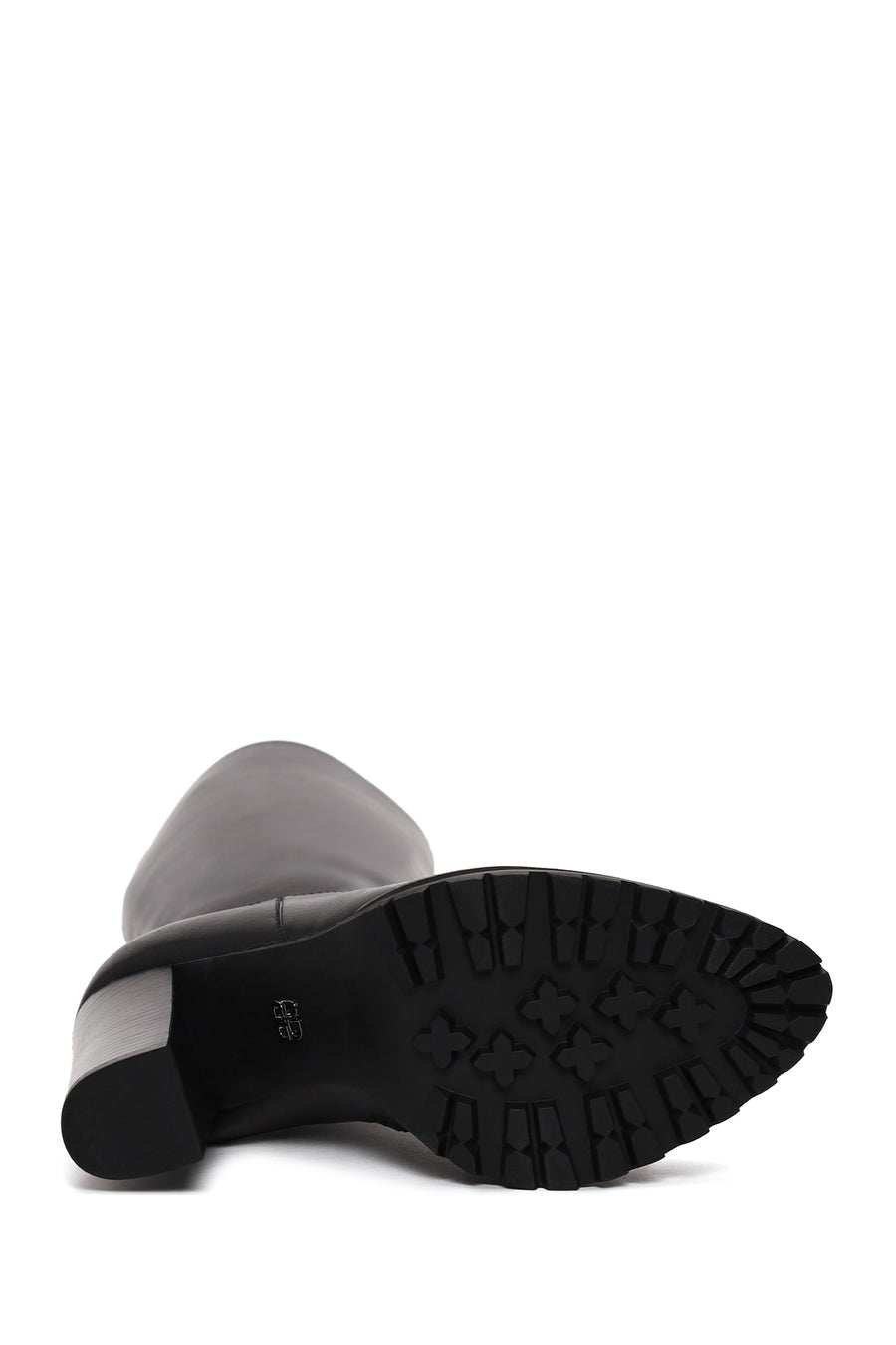 Woman Black Zip Closure High Thick-Heeled Leather Boots