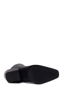 Woman Black Zip Closure Short Thick-Heeled Leather Cowboy Boots | Derimod