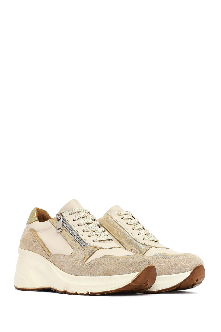 Woman Beige Lace-Up Zipper Detailed Wedge Heels Leather Sneakers