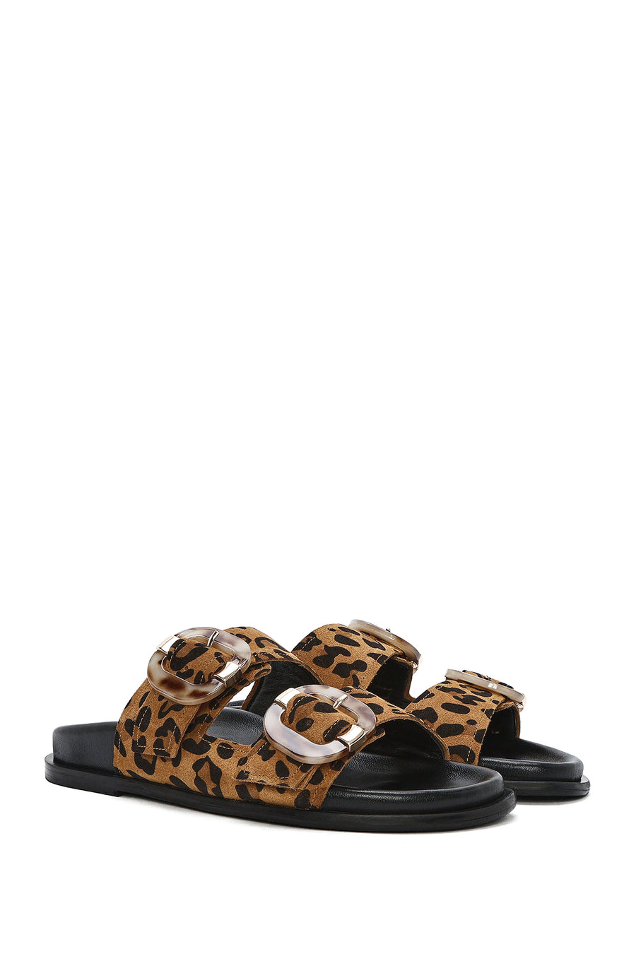 Women's Leopard Double Buckled Suede Leather Slippers