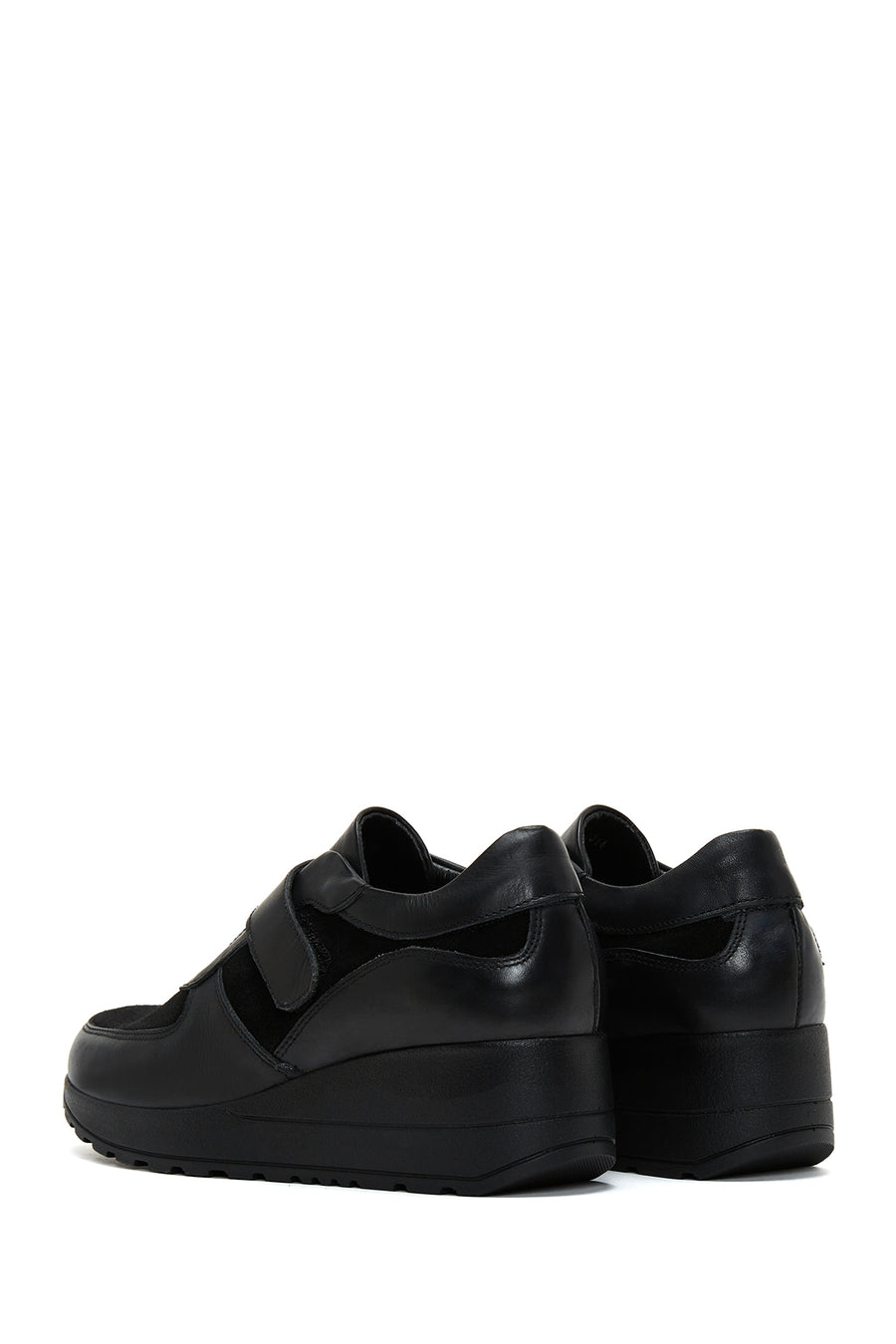 Women's Black Leather Wedge Heeled Shoes