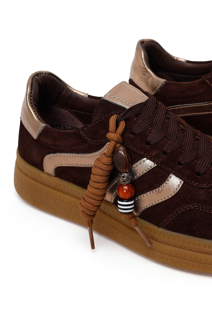 Woman Brown Lace-Up Charm Suede Leather Sneaker