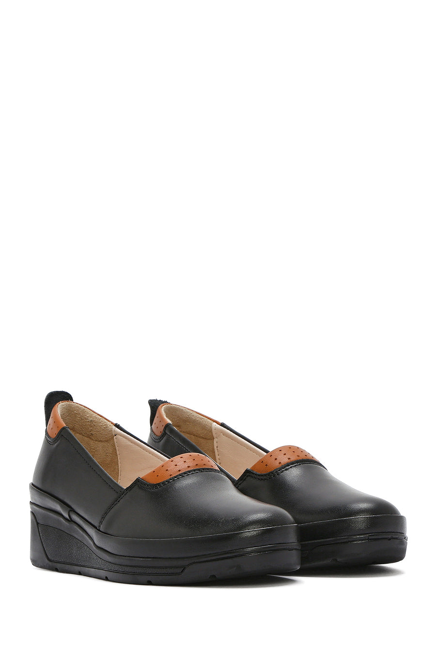 Women's Black Platform Heel Leather Comfort Loafer