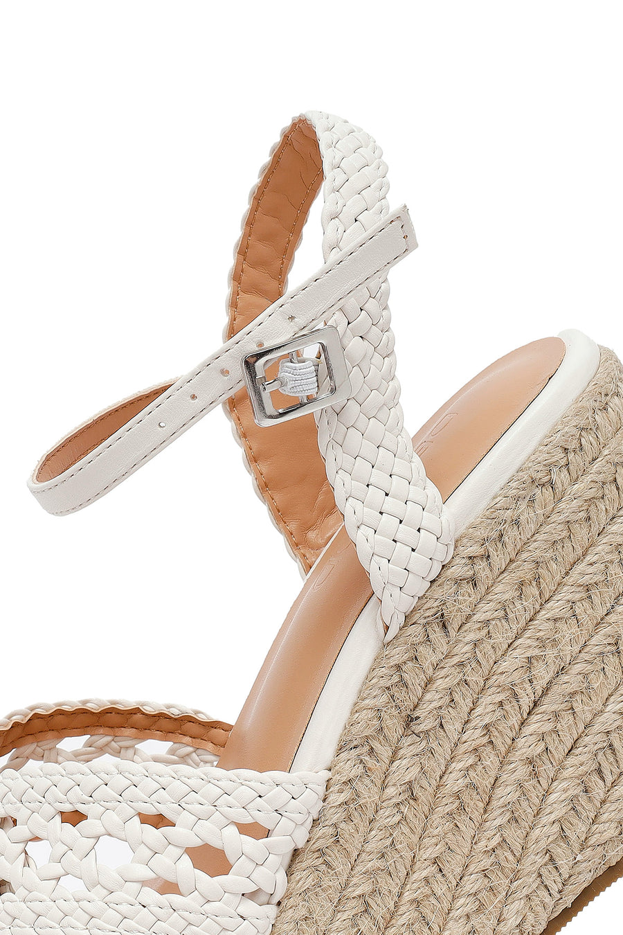 Women's White Ankle Buckle Wedge Heel Woven Sandals