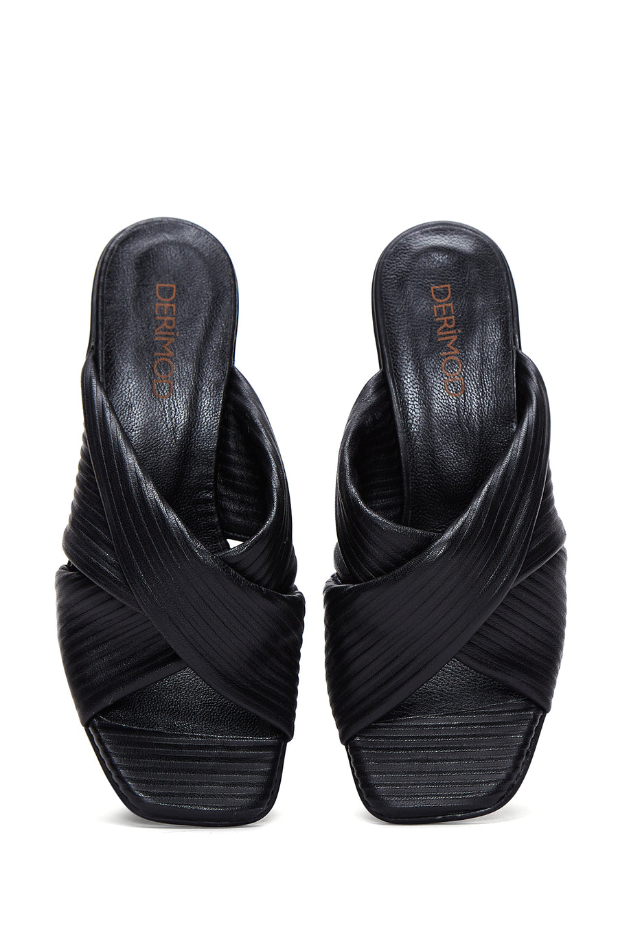 Women's Black Leather Heeled Slippers