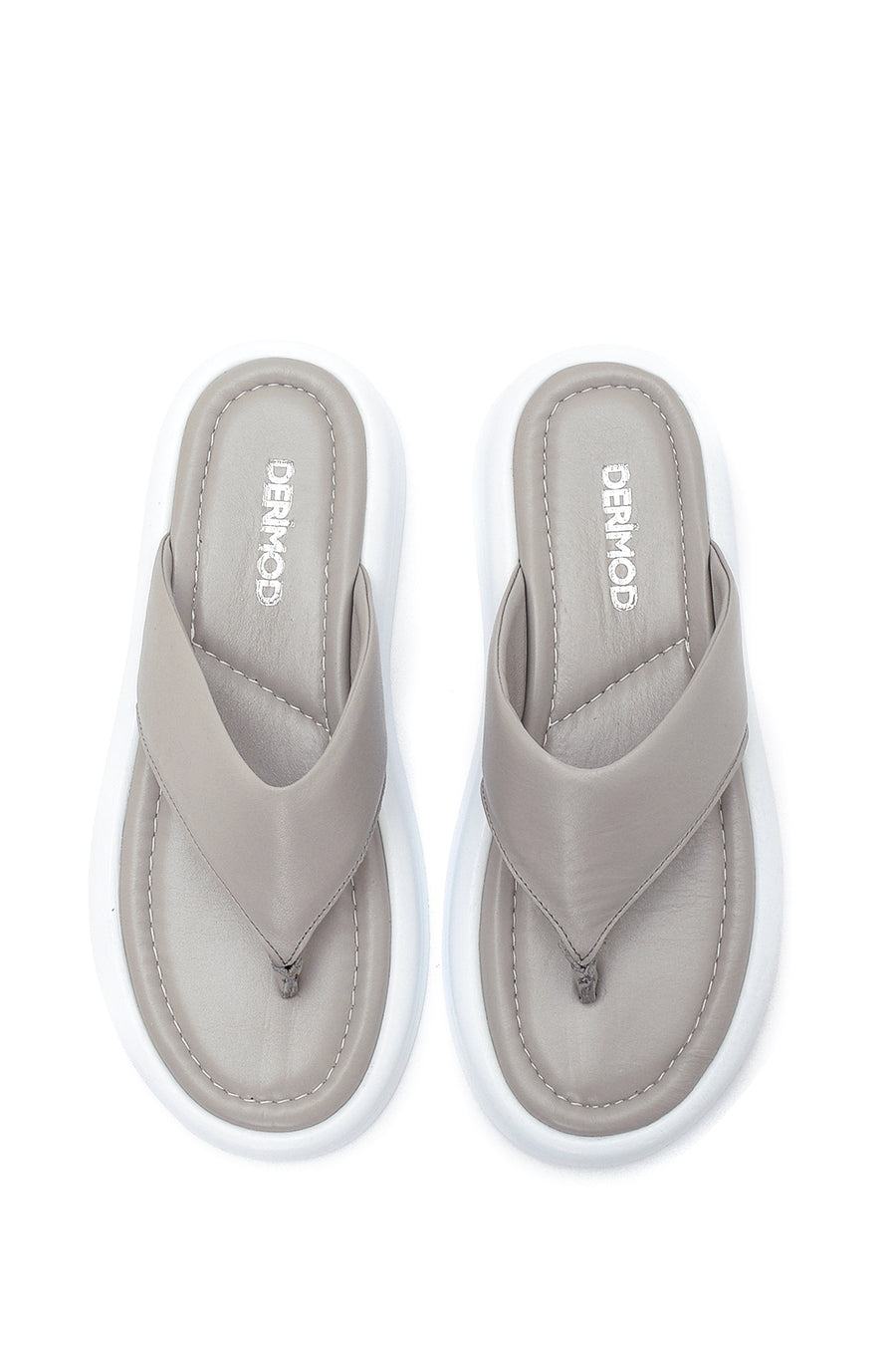 Women's Gray Leather Flip-Flop Comfort Slippers
