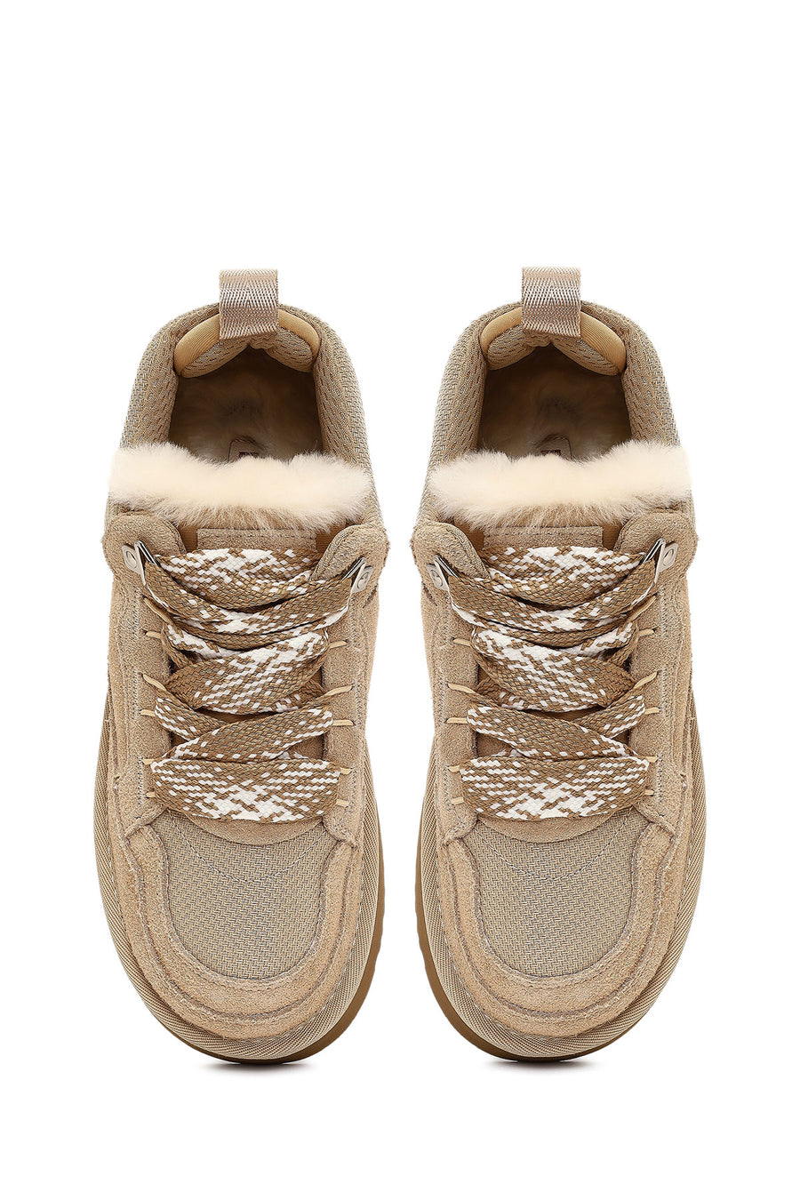 Kadın Bej Bağcıklı Kalın Tabanlı Tüylü Süet Deri Teddy Sneaker