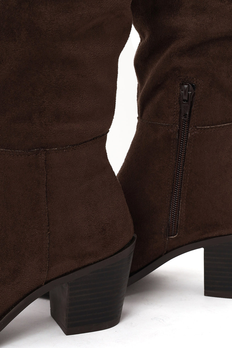 Woman Brown Zip Closure Chunky Heeled Suede Cowboy Boots