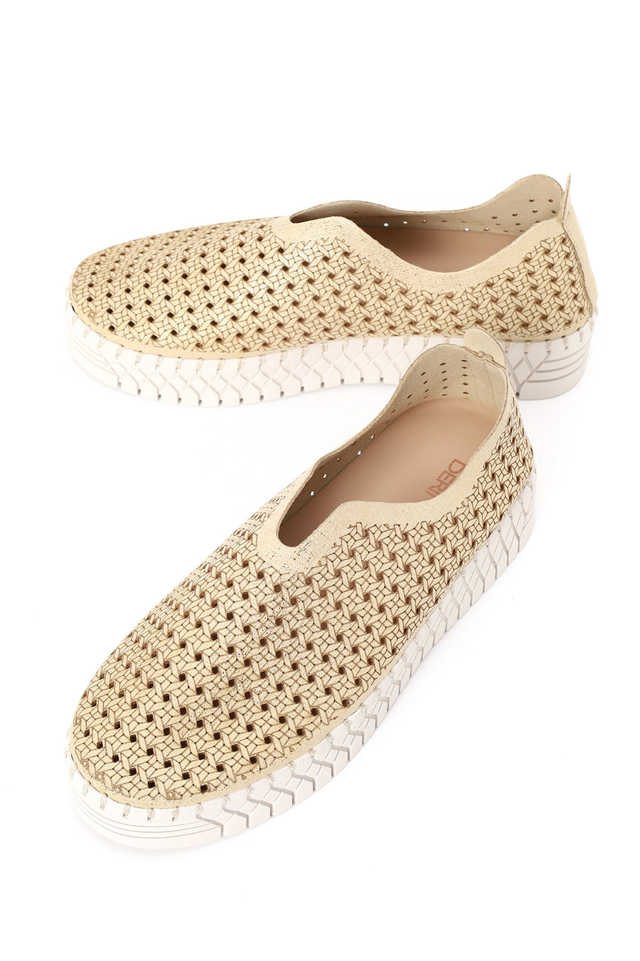 Woman Gold Lace-Up Chunky Sole Glitter Fabric Casual Shoes