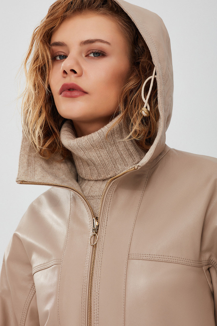 Roma Women's Beige Hooded Double-Sided Oversize Leather Jacket