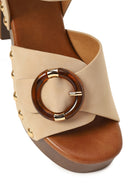 Woman Beige Buckled Ankle Platform Chunky High-Heel Suede Sandals | Derimod