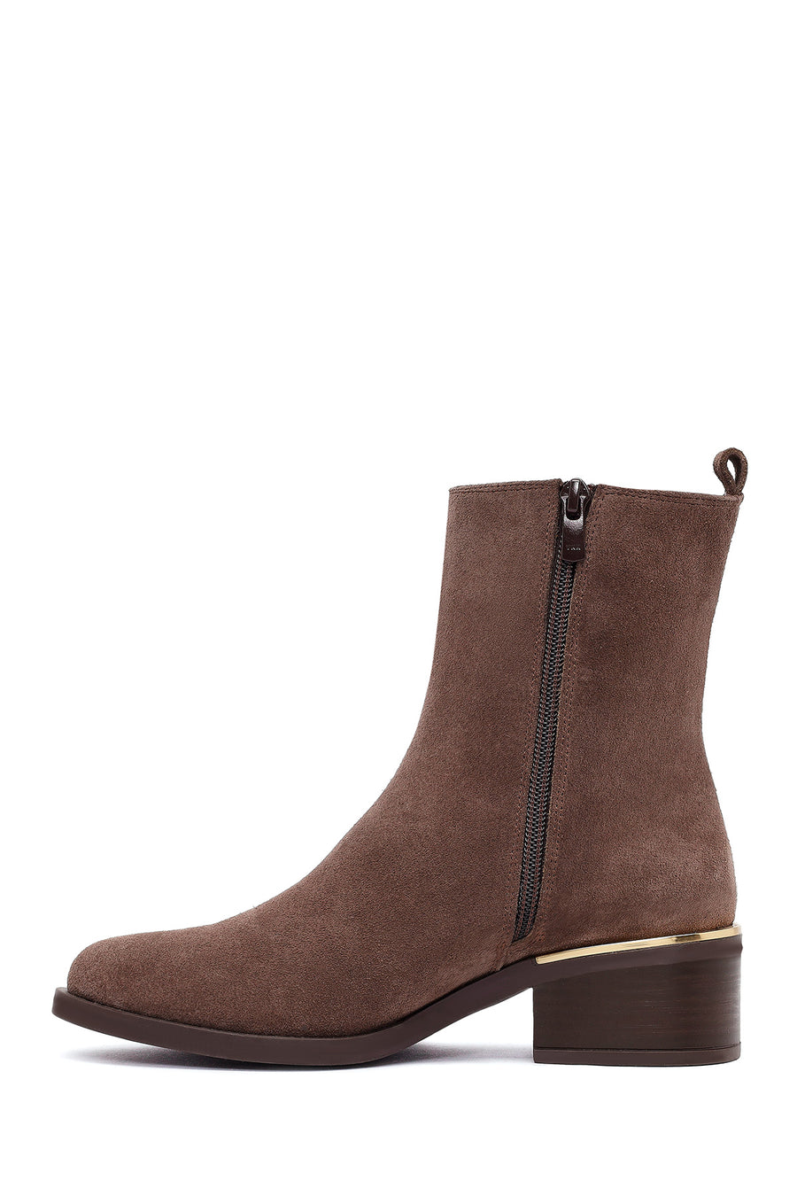 Woman Mink Zip Closure Short Thick Heeled Suede Boots