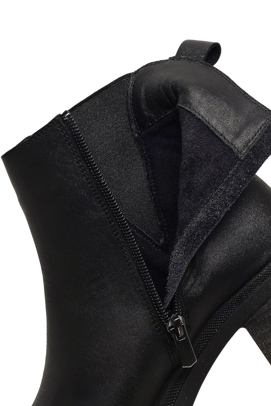 Women's Black Zippered Thick Heeled Leather Boot