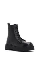 Woman Black Leather Zippered Combat Boots | Derimod