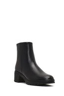 Woman Black Zip Closure Short Thick-Heeled Leather Boots | Derimod